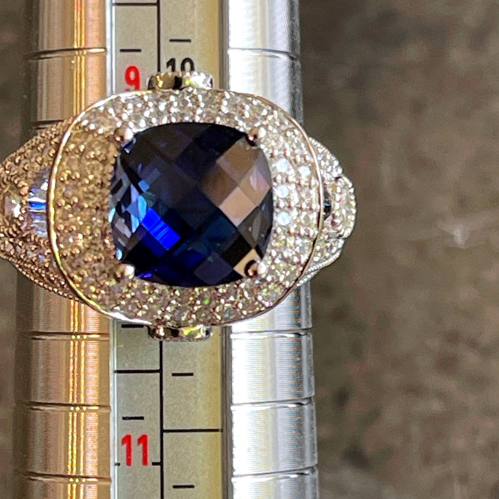 Sterling Silver Cushion-Cut Blue Simulated Sapphire &CZ Halo Statement Ring SZ10 - Picture 9 of 10